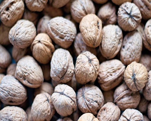Handful of raw walnuts on a dark wooden background